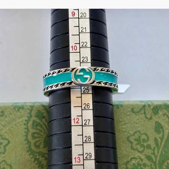 Gucci Men's Interlocking G Enamel Ring Turquoise Silver Size 11 NIB - Picture 5 of 6